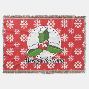 Holly on Red White Snowflakes Pattern - Merry Xmas Throw Blanket