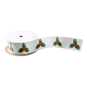 Holly on White Ribbon Satin Ribbon