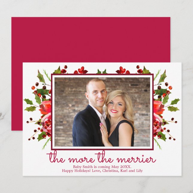 Holly Photo Christmas Pregnancy Announcement Cards (Front/Back)