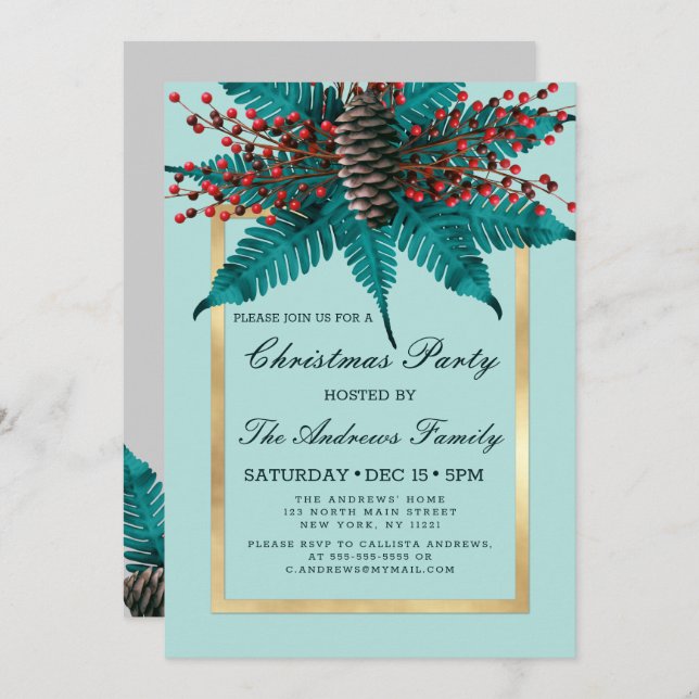 Holly Pine Cone Bouquet Gold Border Christmas Invitation (Front/Back)