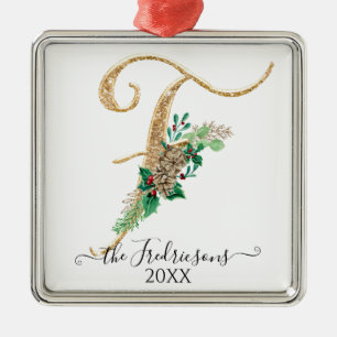 Holly Pine Cone Christmas Gold Glitter Monogram F Metal Ornament