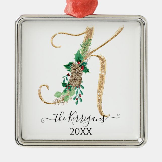 Holly Pine Cone Monogram K Gold Glitter Christmas Metal Ornament (Front)