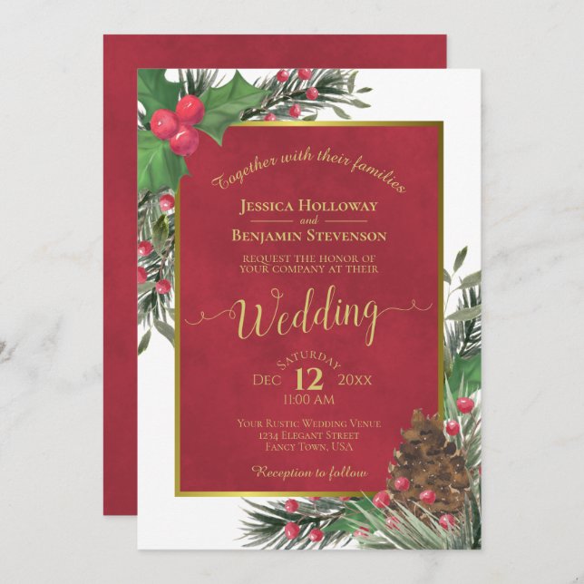 Holly & Pine Elegant Christmas Winter Wedding Invitation (Front/Back)