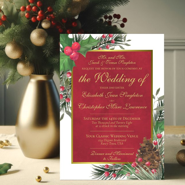 Holly & Pine Formal Christmas Winter Wedding Invitation (Creator Uploaded)