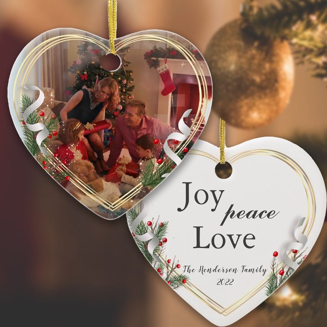 Holly & Pine Gold Frame Family Photo 2-sided  Ceramic Ornament (Creator Uploaded)