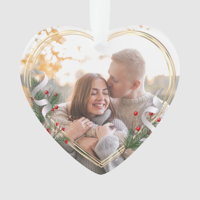 Holly & Pine Gold Frame Photo Newlyweds 2-sided  Ornament (Front)