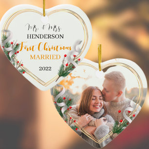 Holly & Pine Gold Frame Photo Newlyweds 2-sided Ornament