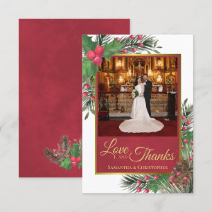 Holly & Pine Holiday Themed Love & Thanks Wedding Thank You Card
