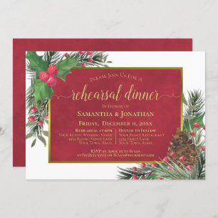 Holly & Pine Holiday Wedding Rehearsal Dinner Invitation