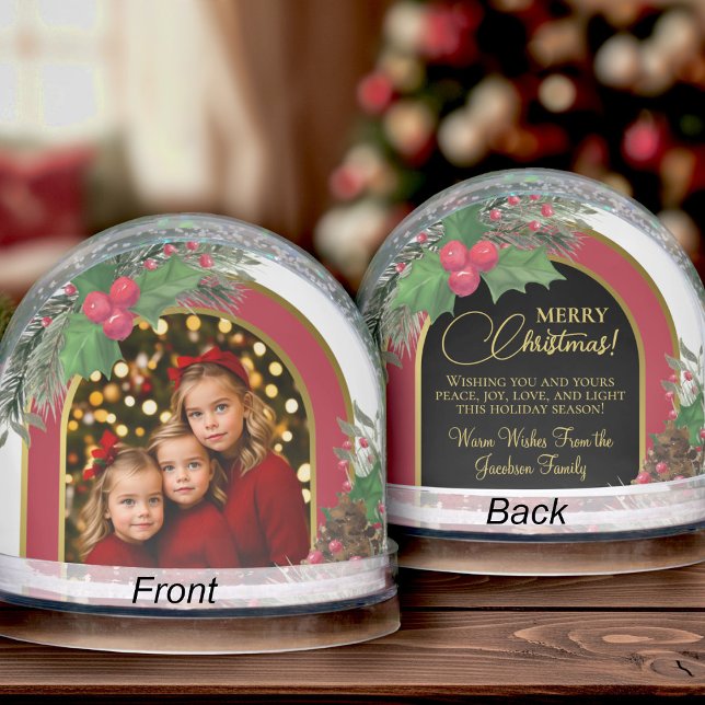 Holly & Pine Merry Christmas Photo & Greeting Snowglobe (Front/Back)