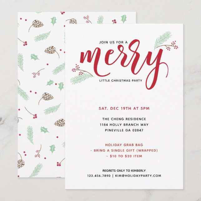 Holly & Pine Merry Little Christmas Party Invitation (Front/Back)