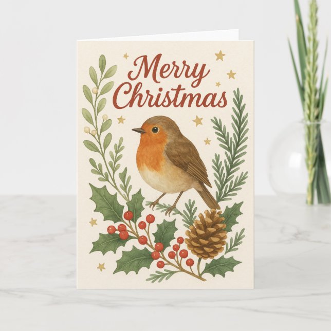 Holly & Pine Robin Christmas Card (Front)