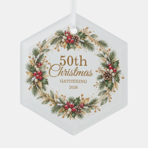 Holly Pine Snow Gold Christmas  Glass Tree Decoration