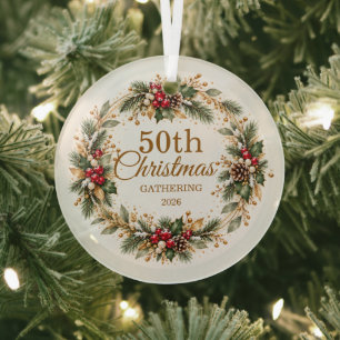 Holly Pine Snow Gold Christmas  Glass Tree Decoration