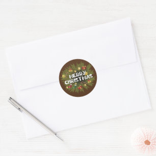 Holly Pine Tree Decoration Merry Christmas Classic Round Sticker