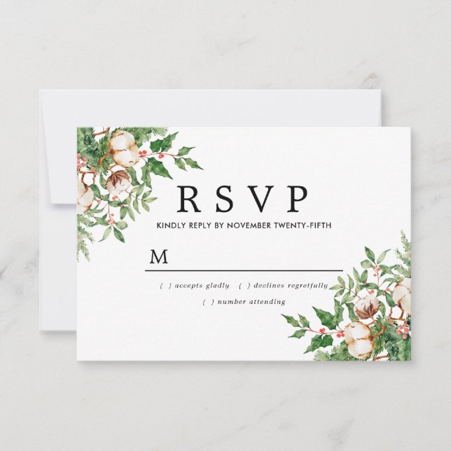 Holly Pine White Floral Winter Wedding RSVP Card (Front)