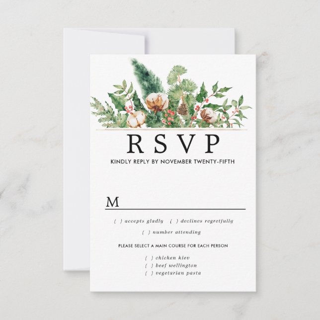 Holly Pine Winter Wedding RSVP Meal Options Card (Front)