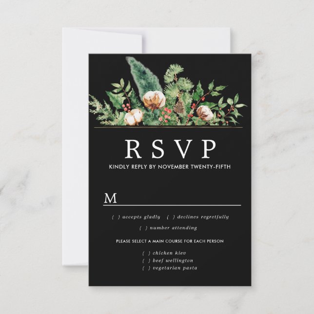 Holly Pine Winter Wedding RSVP Meal Options Card (Front)