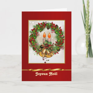 Holly pine wreath, candles, bells French Christmas Holiday Card