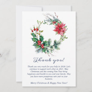 Holly Poinsettia Christmas Wreath Corporate Thank You Card