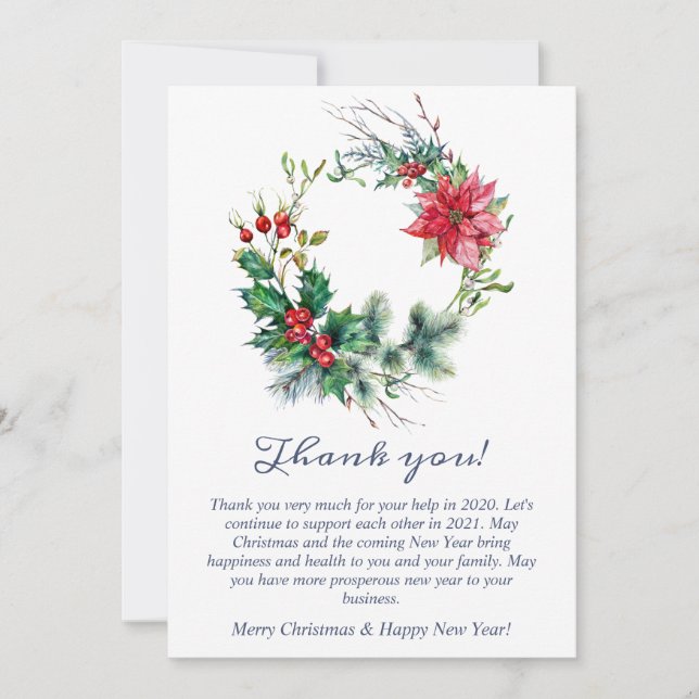 Holly Poinsettia Christmas Wreath Corporate Thank You Card (Front)