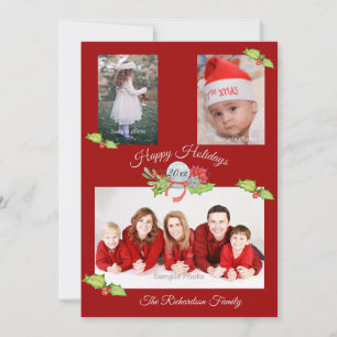 Holly Poinsettia Snow Globe Red Personalised Photo Holiday Card