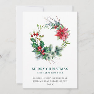 Holly Poinsettia Wreath Christmas Corporate Holiday Card