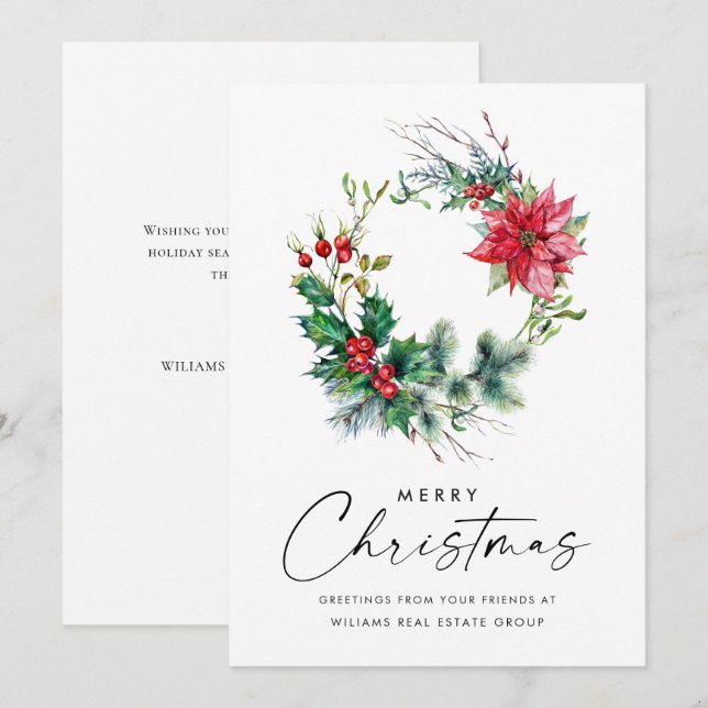  Holly Poinsettia Wreath Christmas Corporate Holiday Card (Front/Back)
