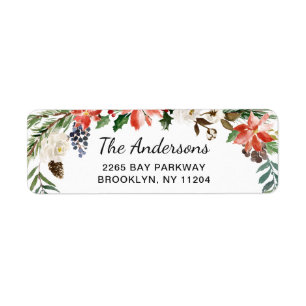 Holly Poinsettia Wreath Christmas Return Address Return Address Label