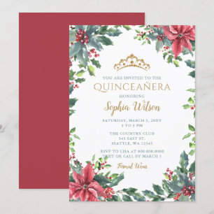 Holly Poinsettias Gold Princess Tiara Quinceañera Invitation