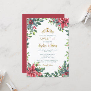Holly Poinsettias Gold Princess Tiara Sweet 16 Invitation