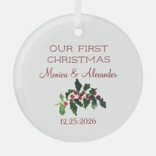Holly Red Berries Botanical Wedding Christmas Glass Tree Decoration