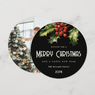 Holly Red Berries Elegant Black Photo Holiday Card
