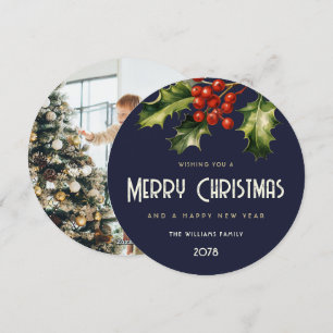 Holly Red Berries Elegant Blue Photo Holiday Card