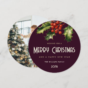 Holly Red Berries Elegant Purple Photo Holiday Card