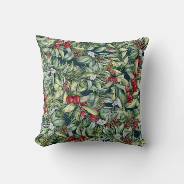 Holly Red Berries Mistletoe on Navy Background Cushion (Front)