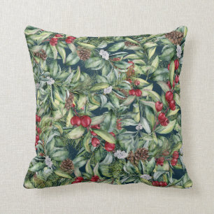 Holly Red Berries Mistletoe on Navy Background Cushion