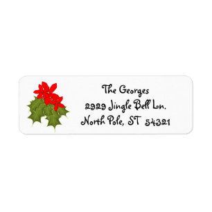 Holly, Red Berries, Red Poinsettia Winter Holidays Return Address Label
