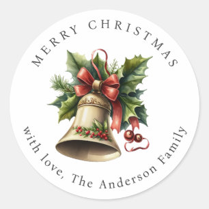 Holly Red Berries Ribbon Christmas Bell Holiday Classic Round Sticker
