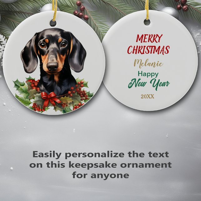 Holly Red Berry Black Tan Dachshund Dog Ceramic Ornament (Creator Uploaded)