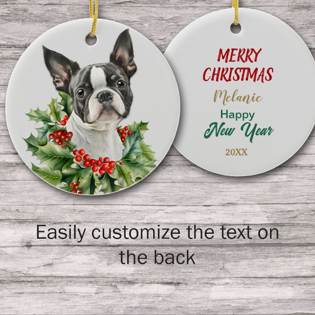 Holly Red Berry Boston Terrier Dog Ceramic Ornament (Creator Uploaded)