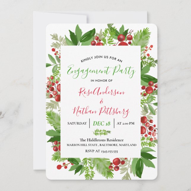 Holly Red Berry Christmas Modern Engagement Party Invitation (Front)