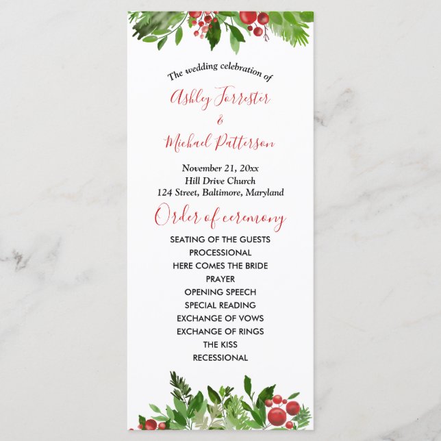 Holly Red Berry Christmas Modern Wedding Program (Front)