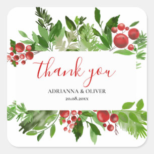 Holly Red Berry Christmas Wedding Thank You Square Sticker