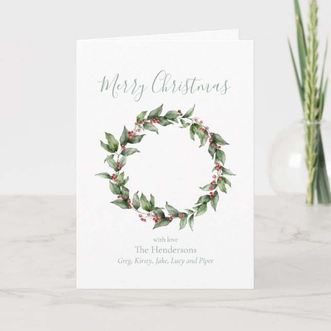 Holly Red Berry Christmas Wreath Holiday Card (Front)