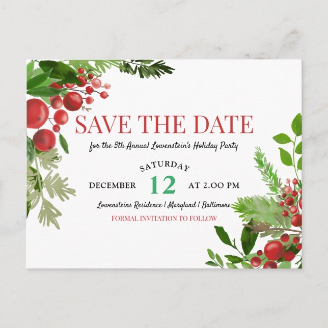 Holly | Red Berry Holiday Party Save The Date Announcement Postcard (Front)