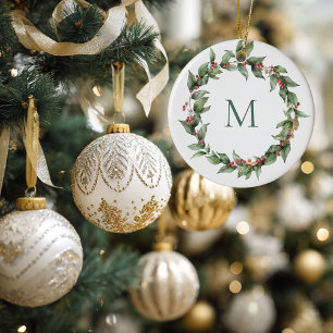 Holly Red Berry Monogrammed Wreath Christmas Ceramic Ornament