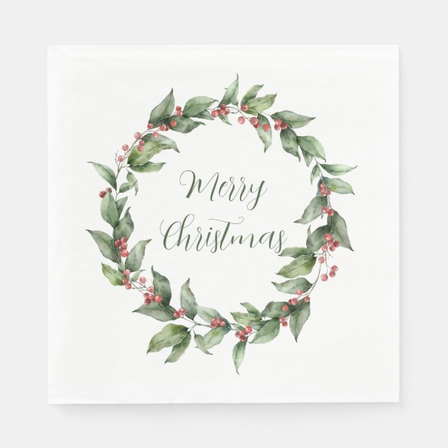 Holly Red Berry Wreath Christmas Napkin (Front)