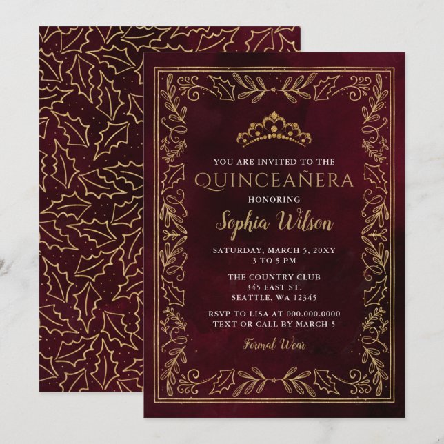 Holly Red Gold Princess Tiara Quinceañera Invitation (Front/Back)