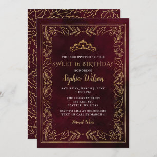 Holly Red Gold Princess Tiara Sweet 16 Birthday Invitation